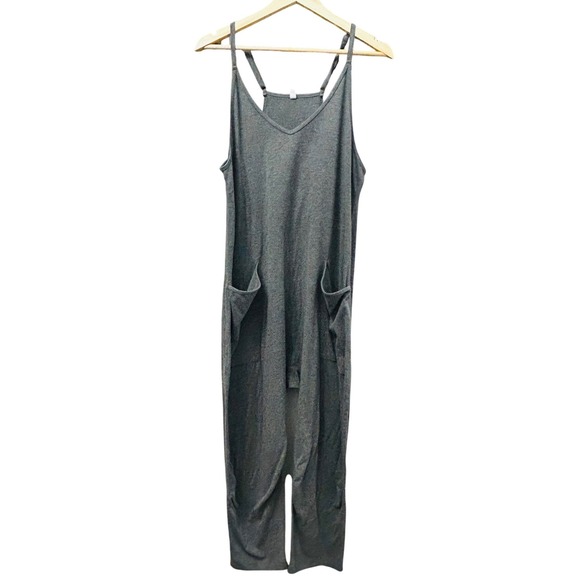 Heather Grey Relaxed Harem Jumpsuit V-Neck Adjustable Straps Pockets Medium